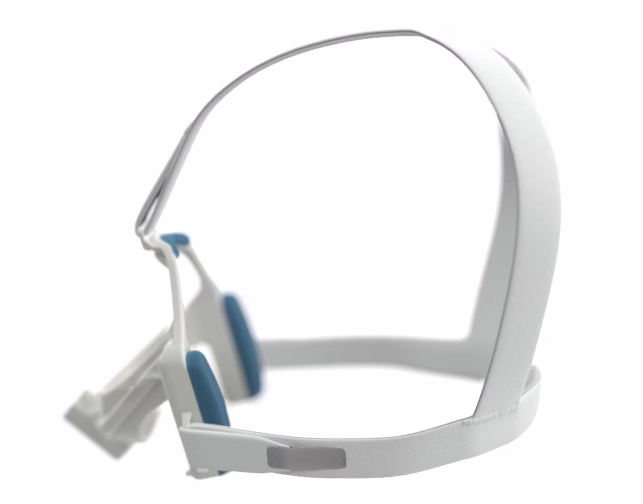 Side profile of the mask frame showing curved support arms and cushioning components.