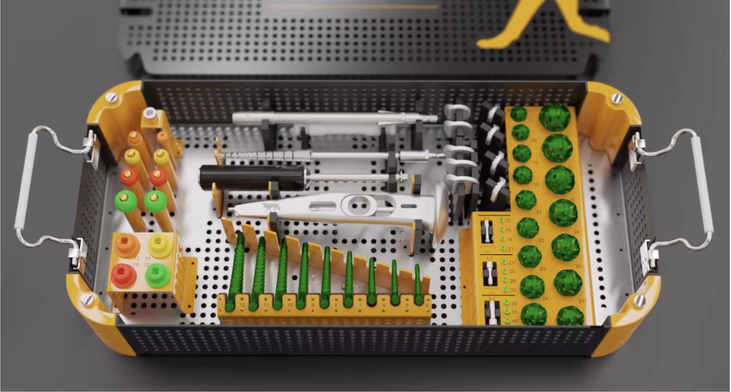 Open surgical instrument kit displaying organized orthopedic tools in a yellow and metal case.